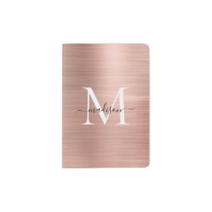 Glam Pink Rose Gold Brushed Metal Script Monogram Passport Holder