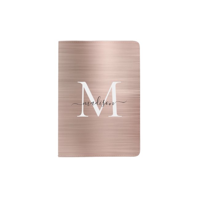 Glam Pink Rose Gold Brushed Metal Script Monogram Passport Holder (Front)