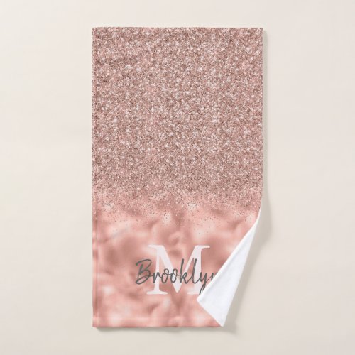 Glam Pink Rose Gold Glitter Confetti Monogrammed Bath Towel Set