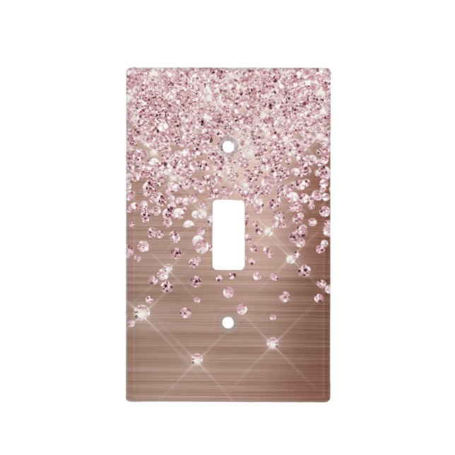 Glam Pink Rose Gold Glitter Diamond Confetti Light Switch Cover (Front)