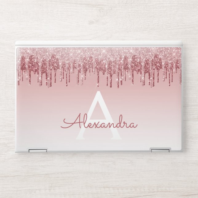 Glam Pink Rose Gold Glitter Drip Monogram HP Laptop Skin (Front)