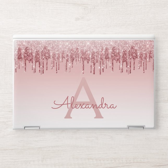 Glam Pink Rose Gold Glitter Drip Monogram HP Laptop Skin (Front)