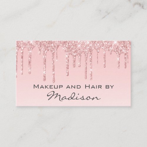 Glam Pink Rose Gold Glitter Drips Makeup Artist Business Card