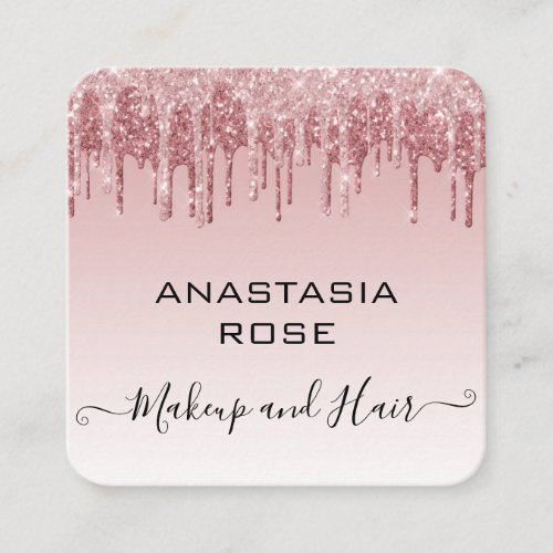 Glam Pink Rose Gold Glitter Drips Makeup Artist Square Business Card