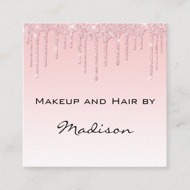 Glam Pink Rose Gold Glitter Drips Makeup Artist Square Business Card (Front)