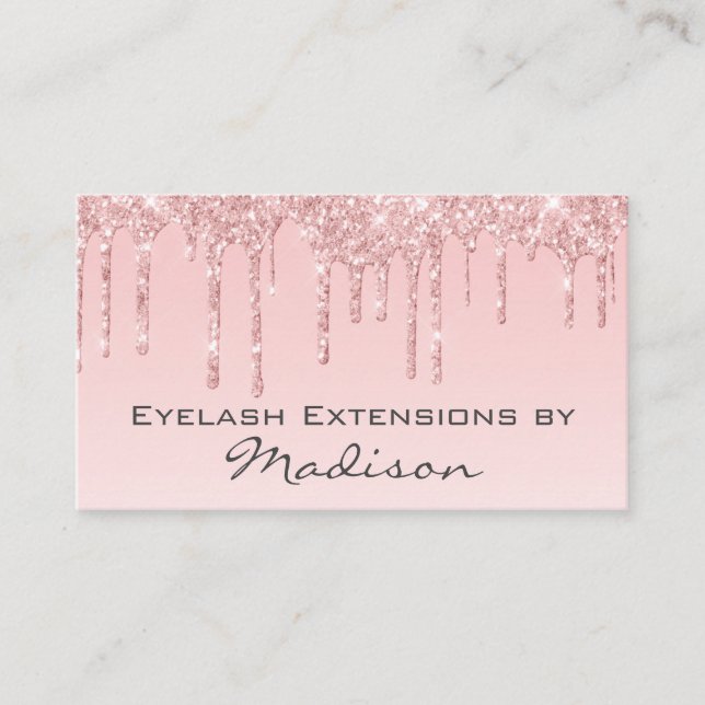 Glam Pink Rose Gold Glitter Drips Makeup Eyelash Business Card (Front)