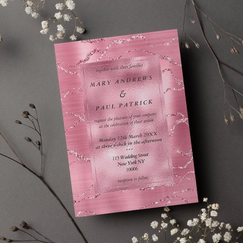 Glam pink rose gold glitter marble Wedding  Invitation