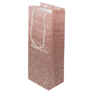 Glam Pink Rose Gold Glitter Sparkle Brushed Metal Wine Gift Bag