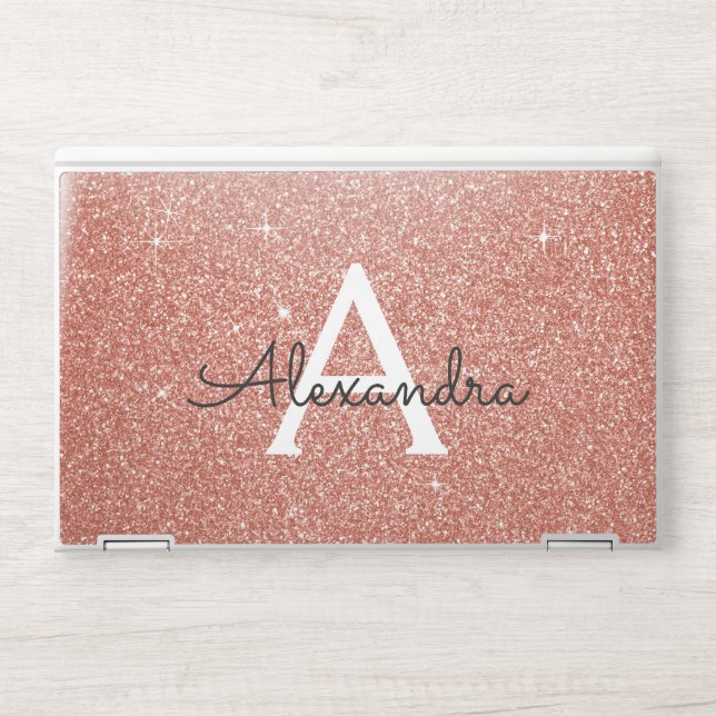 Glam Pink Rose Gold Glitter Sparkle Monogram HP Laptop Skin (Front)