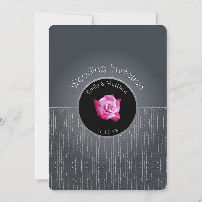 Glam Pink Rose Silver Glow Gray Wedding Invitation (Back)