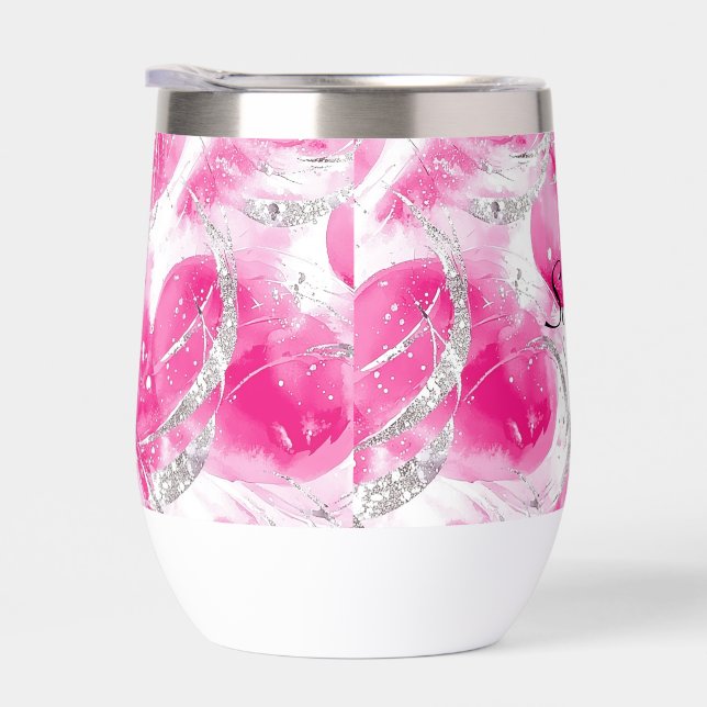 Glam Pink Silver Abstract Circles Thermal Wine Tumbler (Right)