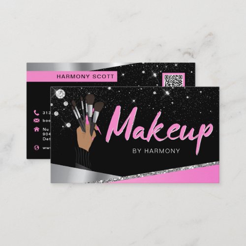 Glam Pink Silver Diamonds Makeup Artist MUA Busine Business Card