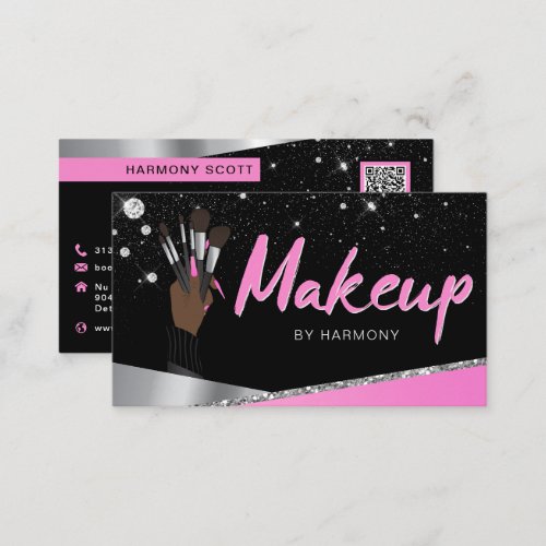 Glam Pink Silver Diamonds Makeup Artist MUA Business Card