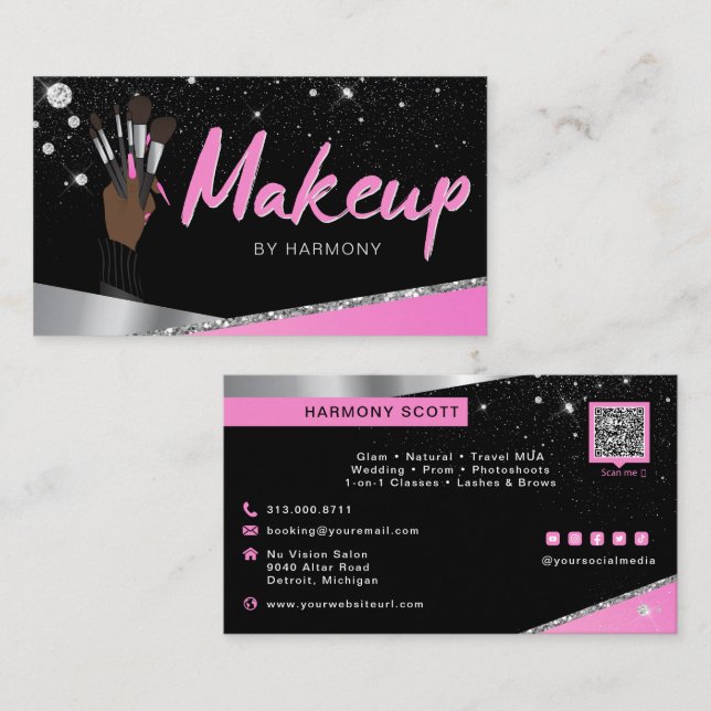 Glam Pink Silver Diamonds Makeup Artist MUA Business Card (Front/Back)