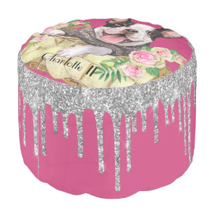Glam Pink   Silver French Bulldog with Florals Pou Pouf