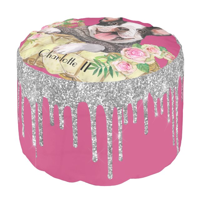 Glam Pink | Silver French Bulldog with Florals Pou Pouf (Angled Back)