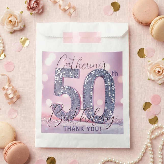 Glam Pink Silver Glitter 50th Birthday Thank You Favor Bag (Creator Uploaded)