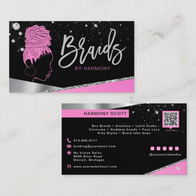 Glam Pink Silver Glitter Diamonds Hair Braiding Bu Business Card (Front/Back)