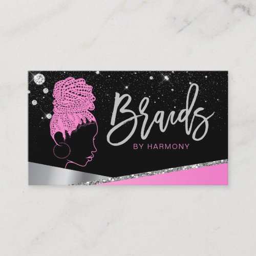 Glam Pink Silver Glitter Diamonds Hair Braiding Business Card