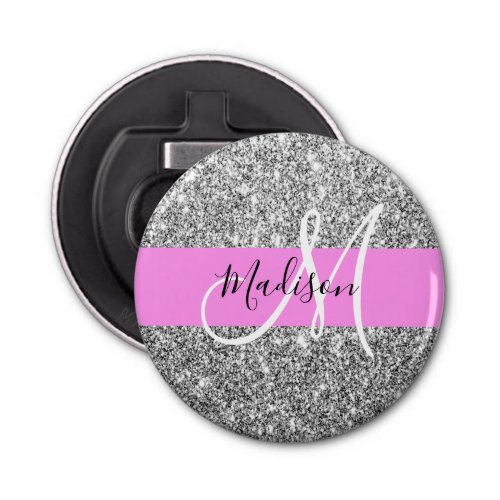 Glam Pink  Silver Glitter Sparkles Monogram Name Bottle Opener