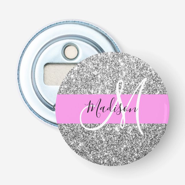 Glam Pink & Silver Glitter Sparkles Monogram Name Bottle Opener (Front)