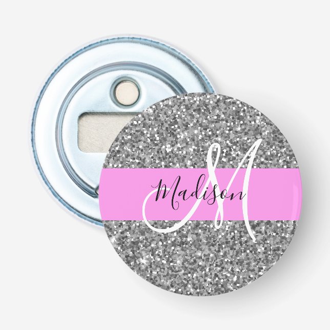 Glam Pink & Silver Glitter Sparkles Monogram Name Bottle Opener (Front)