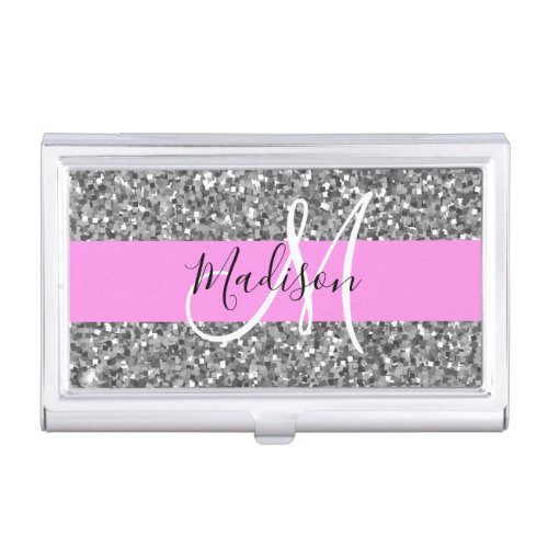 Glam Pink  Silver Glitter Sparkles Monogram Name Business Card Case
