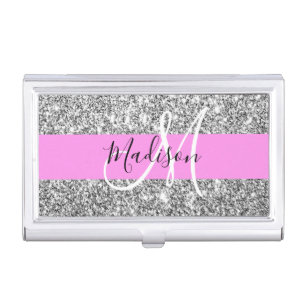Glam Pink & Silver Glitter Sparkles Monogram Name Business Card Case
