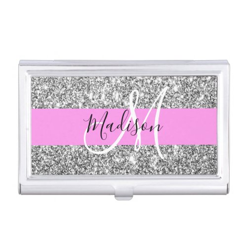 Glam Pink  Silver Glitter Sparkles Monogram Name Business Card Case