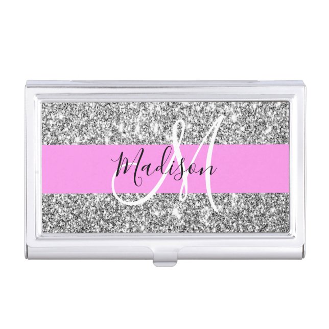 Glam Pink & Silver Glitter Sparkles Monogram Name Business Card Case (Front)