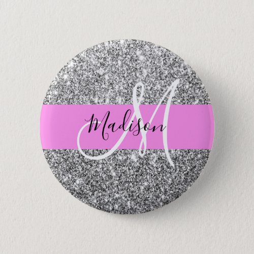 Glam Pink  Silver Glitter Sparkles Monogram Name Button