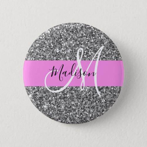 Glam Pink  Silver Glitter Sparkles Monogram Name Button