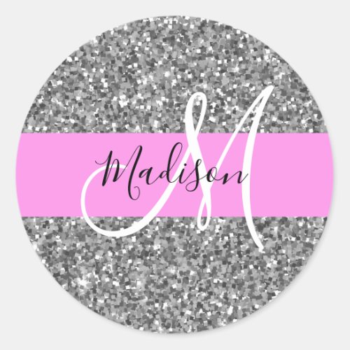 Glam Pink  Silver Glitter Sparkles Monogram Name Classic Round Sticker