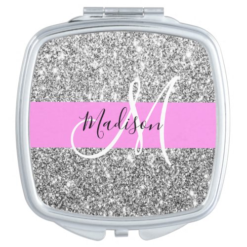 Glam Pink  Silver Glitter Sparkles Monogram Name Compact Mirror