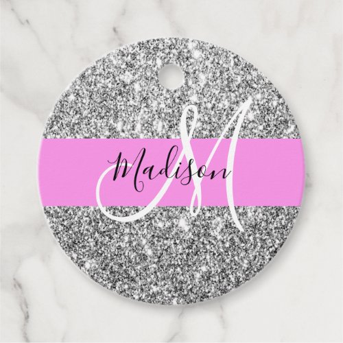 Glam Pink  Silver Glitter Sparkles Monogram Name Favor Tags