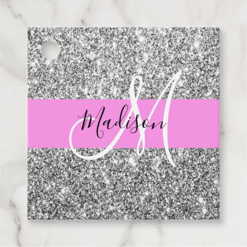 Glam Pink  Silver Glitter Sparkles Monogram Name Favor Tags