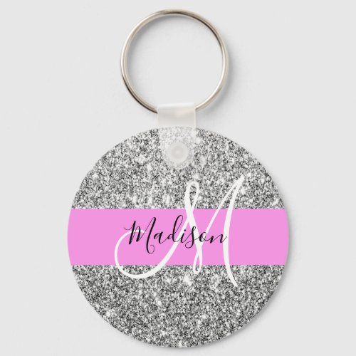 Glam Pink  Silver Glitter Sparkles Monogram Name Keychain