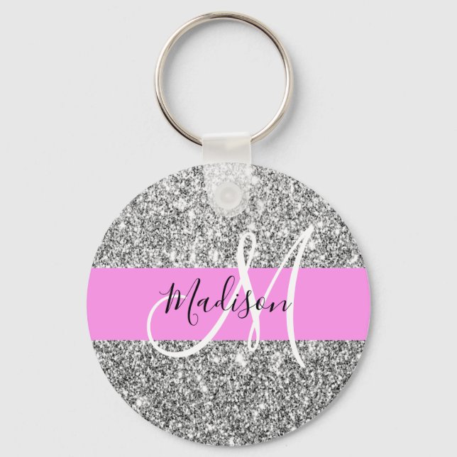 Glam Pink & Silver Glitter Sparkles Monogram Name Keychain (Front)