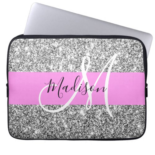 Glam Pink  Silver Glitter Sparkles Monogram Name Laptop Sleeve