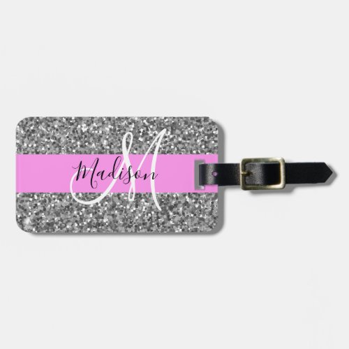 Glam Pink  Silver Glitter Sparkles Monogram Name Luggage Tag