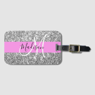 Glam Pink & Silver Glitter Sparkles Monogram Name Luggage Tag