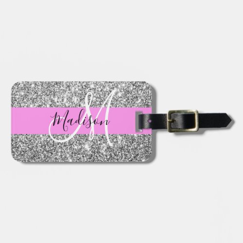 Glam Pink  Silver Glitter Sparkles Monogram Name Luggage Tag