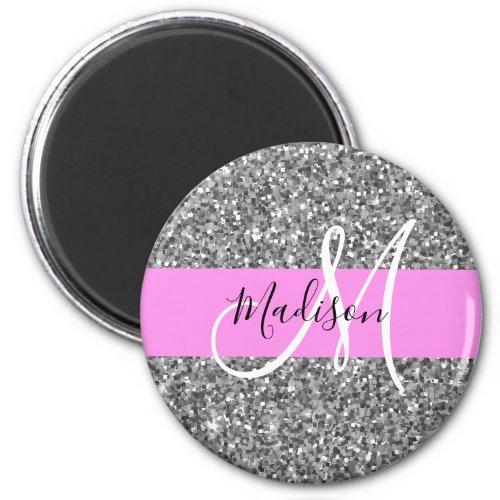 Glam Pink  Silver Glitter Sparkles Monogram Name Magnet