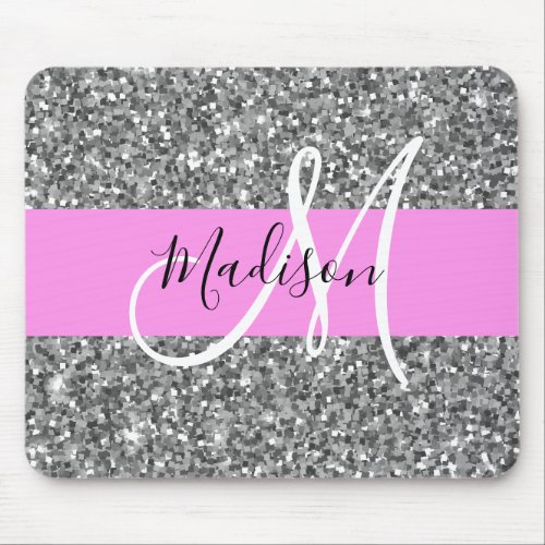 Glam Pink  Silver Glitter Sparkles Monogram Name Mouse Pad