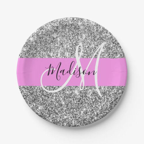 Glam Pink  Silver Glitter Sparkles Monogram Name Paper Plates
