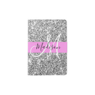 Glam Pink & Silver Glitter Sparkles Monogram Name Passport Holder