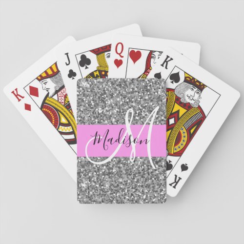 Glam Pink  Silver Glitter Sparkles Monogram Name Poker Cards