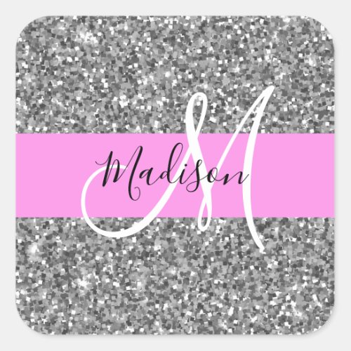 Glam Pink  Silver Glitter Sparkles Monogram Name Square Sticker