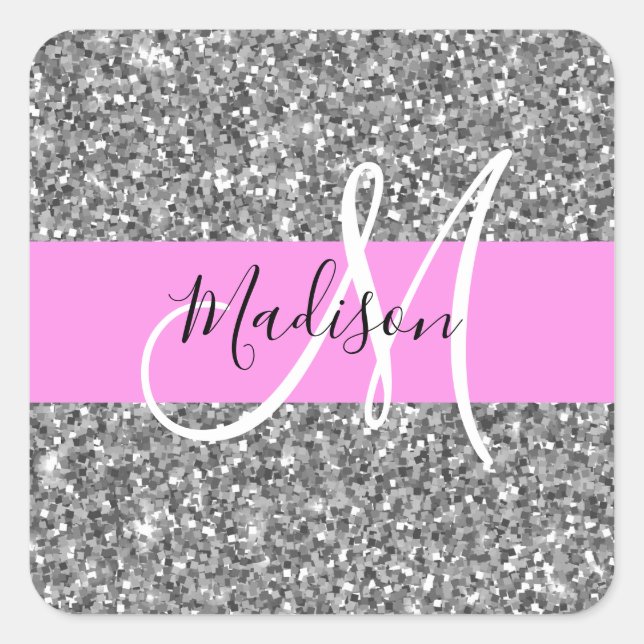 Glam Pink & Silver Glitter Sparkles Monogram Name Square Sticker (Front)
