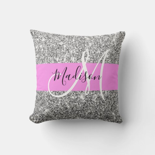 Glam Pink  Silver Glitter Sparkles Monogram Name Throw Pillow